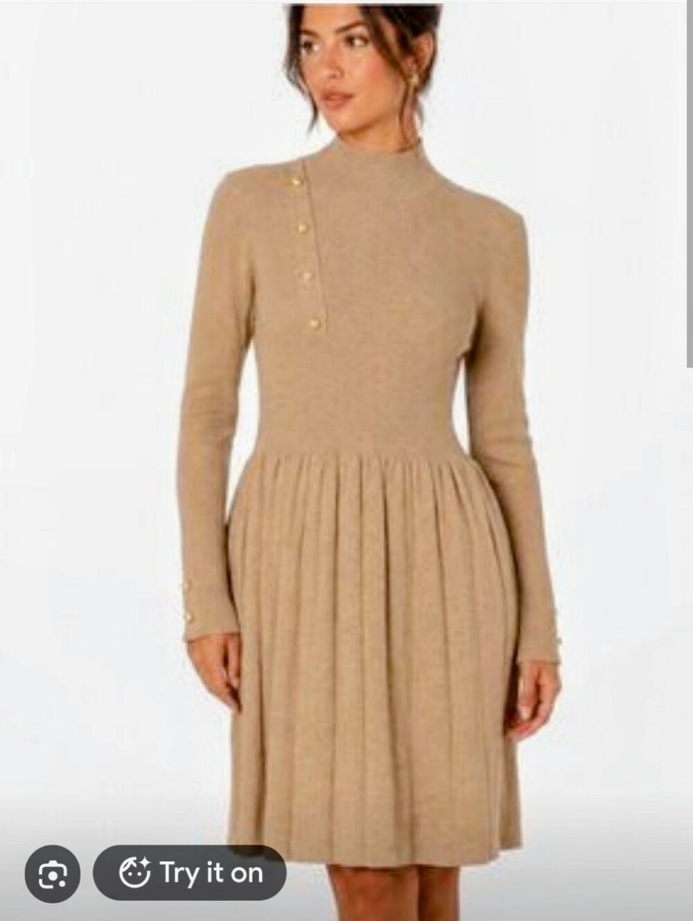 S. Christina 100% Cashmere Sweater Dress L/Xl in Taupe Pleated Pearl Look Button - Picture 7 of 7